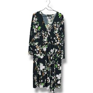 Yock Black Label Floral Black Faux Wrap Front Long Sleeve V-Neck Midi Dress